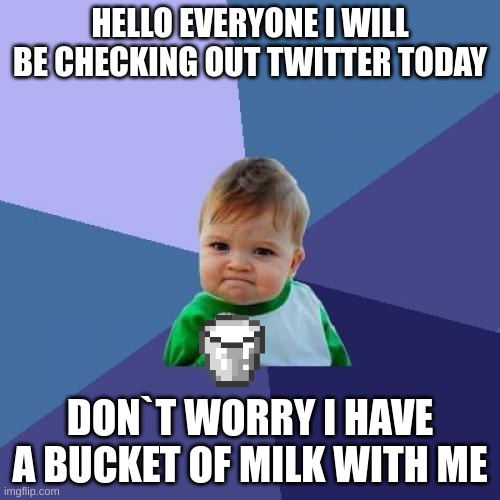 Success Kid | HELLO EVERYONE I WILL BE CHECKING OUT TWITTER TODAY; DON`T WORRY I HAVE A BUCKET OF MILK WITH ME | image tagged in memes,success kid | made w/ Imgflip meme maker