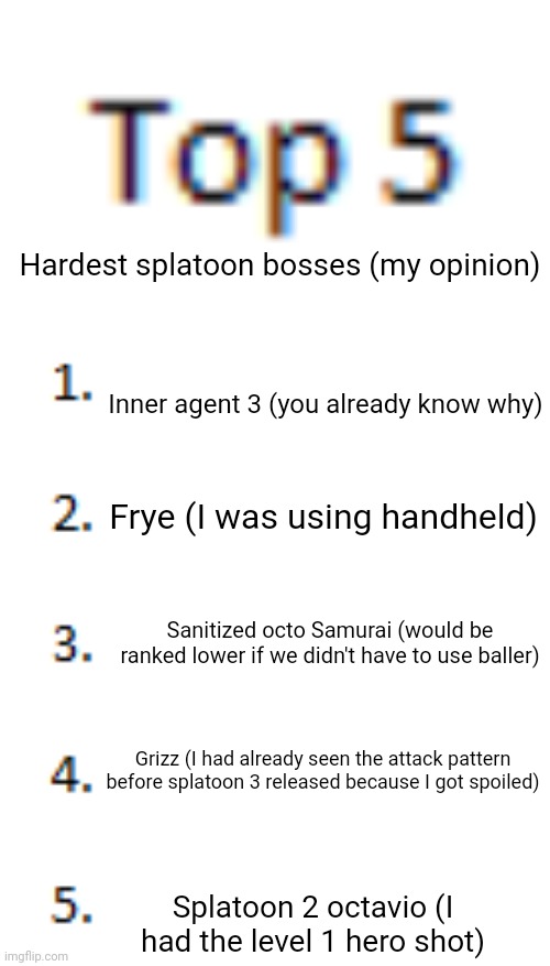 Top 5 List | Hardest splatoon bosses (my opinion); Inner agent 3 (you already know why); Frye (I was using handheld); Sanitized octo Samurai (would be ranked lower if we didn't have to use baller); Grizz (I had already seen the attack pattern before splatoon 3 released because I got spoiled); Splatoon 2 octavio (I had the level 1 hero shot) | image tagged in top 5 list | made w/ Imgflip meme maker