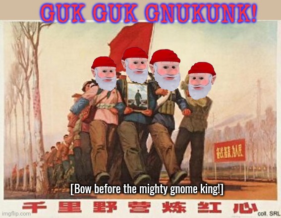 Surrender this criminal stream immediately | GUK GUK GNUKUNK! [Bow before the mighty gnome king!] | image tagged in maoist propaganda,gnomes,but why why would you do that,stop it get some help | made w/ Imgflip meme maker