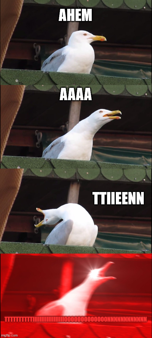 Inhaling Seagull Meme | AHEM; AAAA; TTIIEENN; TTTTTTTTTTIIIIIIIIIIIIIIIIIIOOOOOOOOOOOOONNNNNNNNNNNN | image tagged in memes,inhaling seagull | made w/ Imgflip meme maker