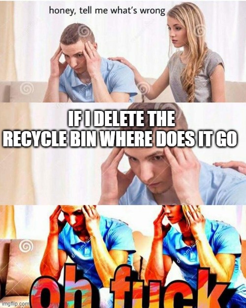 honey, tell me what's wrong | IF I DELETE THE RECYCLE BIN WHERE DOES IT GO | image tagged in honey tell me what's wrong | made w/ Imgflip meme maker