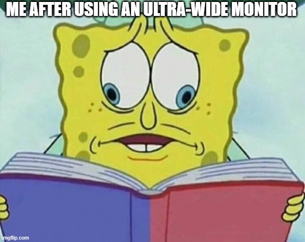 I can see EVERYTHING! | ME AFTER USING AN ULTRA-WIDE MONITOR | image tagged in cross eyed spongebob | made w/ Imgflip meme maker