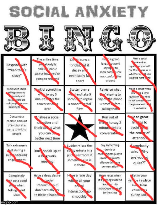 Social Anxiety Bingo | image tagged in social anxiety bingo | made w/ Imgflip meme maker