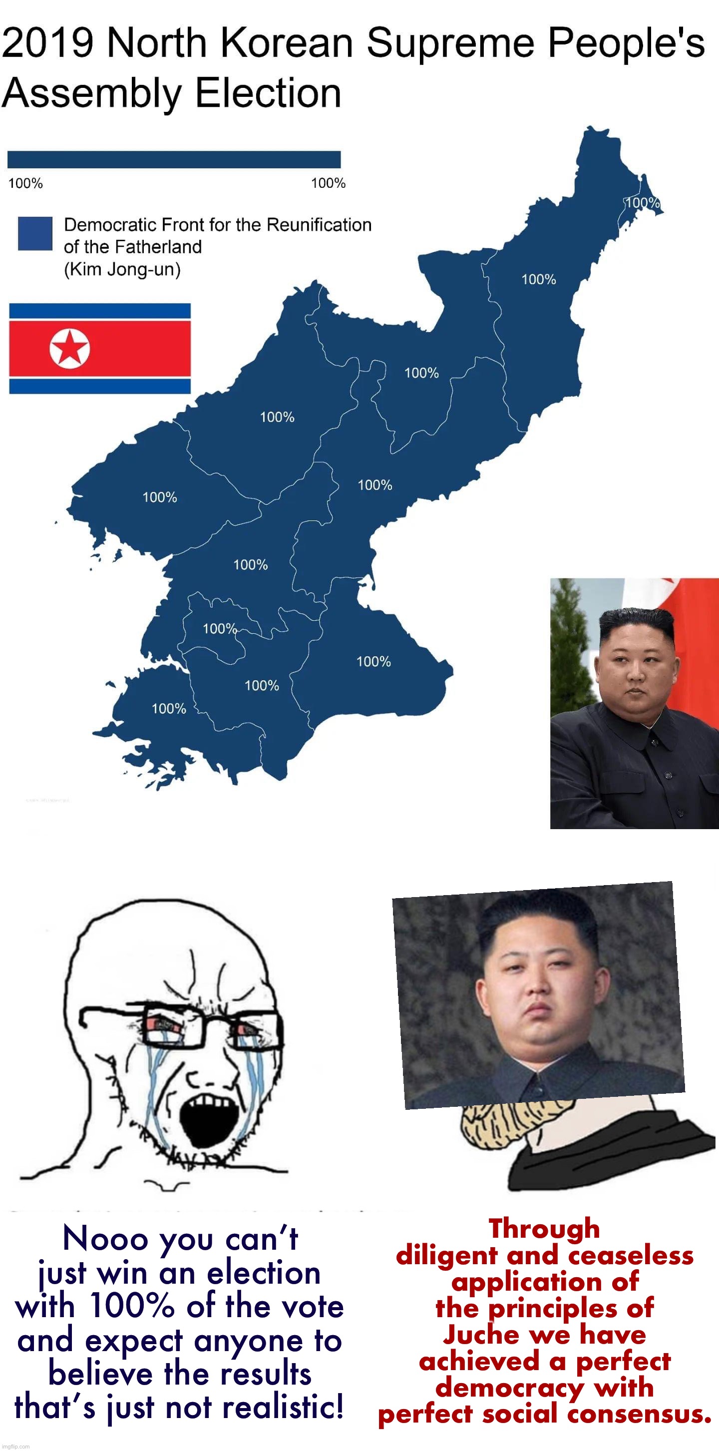 Who are you gonna believe: The crying wojak face or Kim Jong-Chad? #Juchephilia | Through diligent and ceaseless application of the principles of Juche we have achieved a perfect democracy with perfect social consensus. Nooo you can’t just win an election with 100% of the vote and expect anyone to believe the results that’s just not realistic! | image tagged in north korean election,soyboy vs yes chad,kim jong-un,north korea,best korea,juchephilia | made w/ Imgflip meme maker