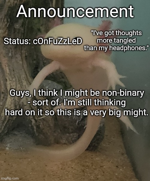 Idek at this point | Announcement; "I've got thoughts more tangled than my headphones."; Status: cOnFuZzLeD; Guys, I think I might be non-binary - sort of. I'm still thinking hard on it so this is a very big might. | image tagged in announcement,confession,confused | made w/ Imgflip meme maker