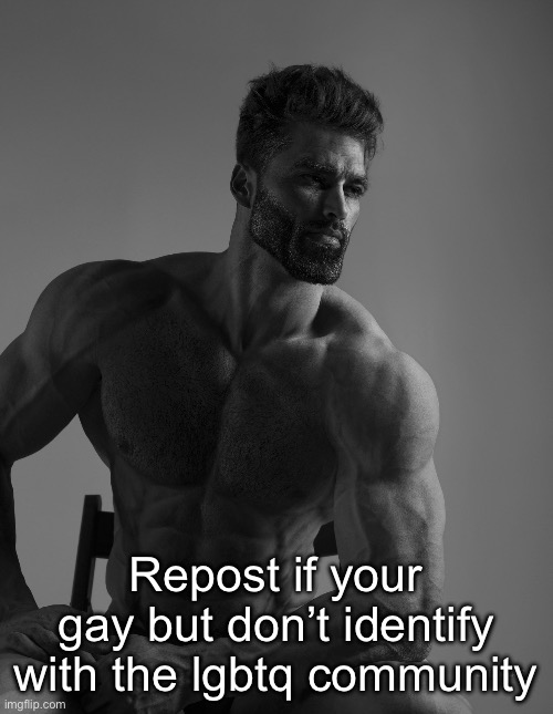 . | Repost if your gay but don’t identify with the lgbtq community | image tagged in giga chad | made w/ Imgflip meme maker