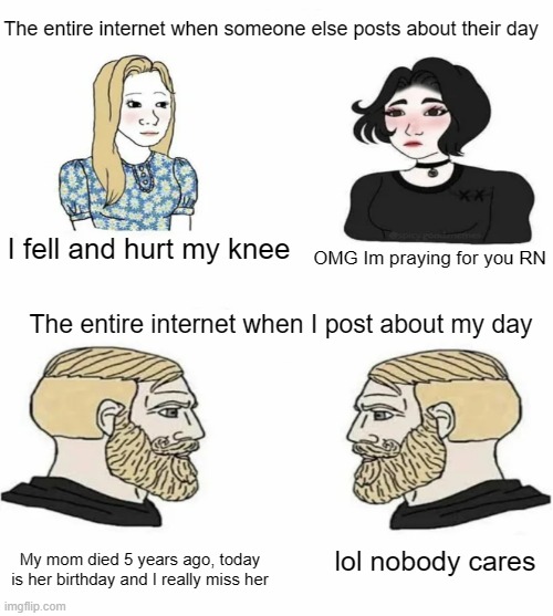 Boys vs Girls |  The entire internet when someone else posts about their day; OMG Im praying for you RN; I fell and hurt my knee; The entire internet when I post about my day; lol nobody cares; My mom died 5 years ago, today is her birthday and I really miss her | image tagged in internet,social media | made w/ Imgflip meme maker