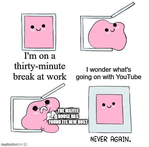Wtf does that even mean? | I wonder what's going on with YouTube; I'm on a thirty-minute break at work; THE WAFFLE HOUSE HAS FOUND ITS NEW HOST | image tagged in pink blob in the box,waffle house | made w/ Imgflip meme maker