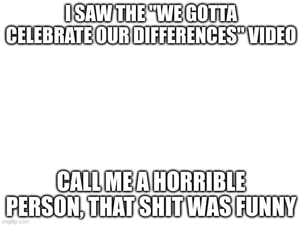 I SAW THE "WE GOTTA CELEBRATE OUR DIFFERENCES" VIDEO; CALL ME A HORRIBLE PERSON, THAT SHIT WAS FUNNY | made w/ Imgflip meme maker