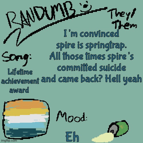 Randumb template 3 | I’m convinced spire is springtrap. All those times spire’s committed suicide and came back? Hell yeah; Lifetime achievement award; Eh | image tagged in randumb template 3 | made w/ Imgflip meme maker