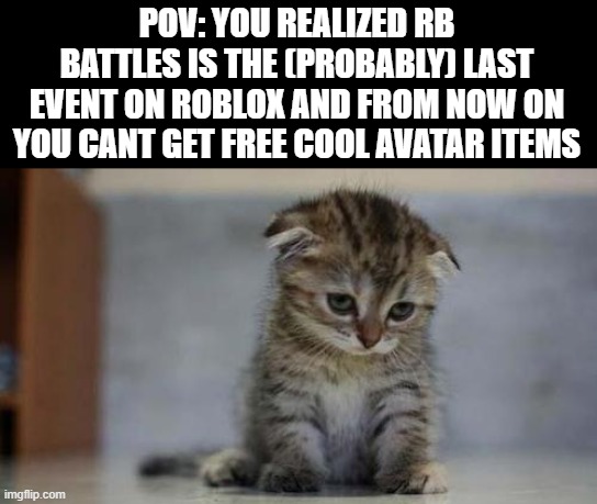 NOOOOOOO | POV: YOU REALIZED RB BATTLES IS THE (PROBABLY) LAST EVENT ON ROBLOX AND FROM NOW ON YOU CANT GET FREE COOL AVATAR ITEMS | image tagged in sad kitten,roblox,battle | made w/ Imgflip meme maker