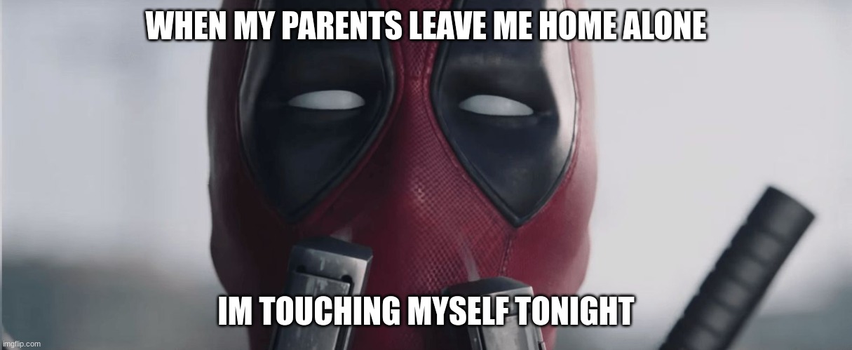 Deadpool - I'm touching myself tonight | WHEN MY PARENTS LEAVE ME HOME ALONE; IM TOUCHING MYSELF TONIGHT | image tagged in deadpool - i'm touching myself tonight | made w/ Imgflip meme maker