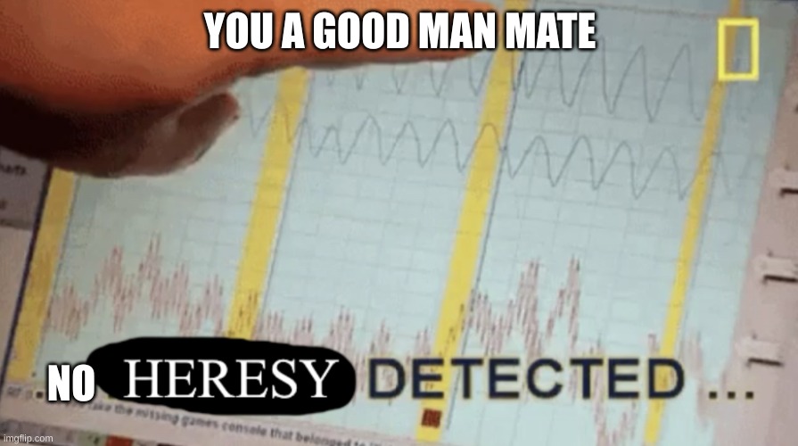 Heresy detected | YOU A GOOD MAN MATE NO | image tagged in heresy detected | made w/ Imgflip meme maker