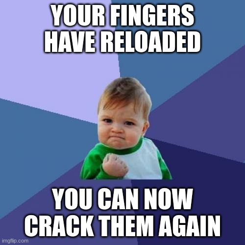 your welcome | YOUR FINGERS HAVE RELOADED; YOU CAN NOW CRACK THEM AGAIN | image tagged in memes,success kid | made w/ Imgflip meme maker