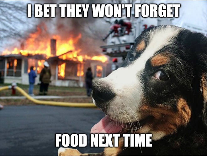 Arsonist doggy | I BET THEY WON'T FORGET; FOOD NEXT TIME | image tagged in no food no house | made w/ Imgflip meme maker