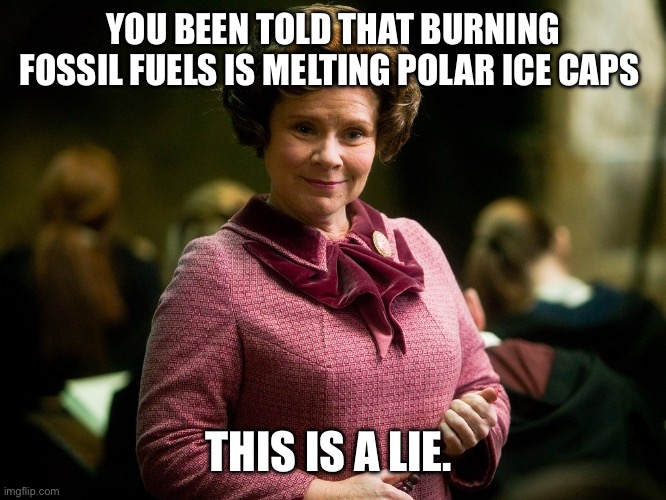 Denial Dolores | YOU BEEN TOLD THAT BURNING FOSSIL FUELS IS MELTING POLAR ICE CAPS; THIS IS A LIE. | image tagged in dolores umbridge | made w/ Imgflip meme maker