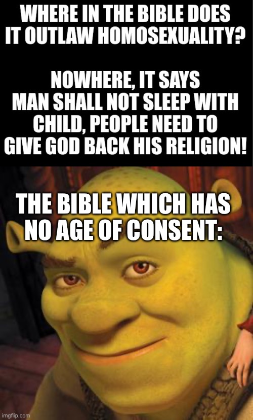 THE BIBLE WHICH HAS
NO AGE OF CONSENT: | image tagged in shrek sexy face | made w/ Imgflip meme maker