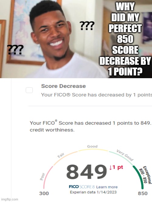 Why did my perfect credit score decrease by a point ? | WHY DID MY PERFECT 850 SCORE DECREASE BY 1 POINT? | image tagged in wtf,picard wtf and facepalm combined,seriously wtf,wtf cat | made w/ Imgflip meme maker