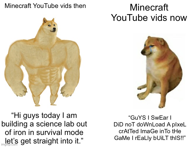 Bro I could watch old Minecraft vids for hours back then | Minecraft YouTube vids then; Minecraft YouTube vids now; “Hi guys today I am building a science lab out of iron in survival mode let’s get straight into it.”; “GuYS I SwEar I DiD noT doWnLoad A pIxeL crAtTed ImaGe inTo tHe GaMe I rEaLly bUiLT thIS!!” | image tagged in memes,buff doge vs cheems,minecraft,funny | made w/ Imgflip meme maker