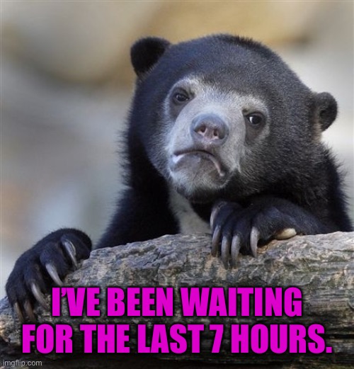 Confession Bear | I’VE BEEN WAITING FOR THE LAST 7 HOURS. | image tagged in memes,confession bear,funny,waiting,still waiting,bear | made w/ Imgflip meme maker