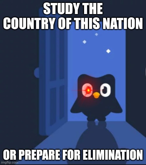 I know it's 2023 but... | STUDY THE COUNTRY OF THIS NATION; OR PREPARE FOR ELIMINATION | image tagged in duolingo bird | made w/ Imgflip meme maker