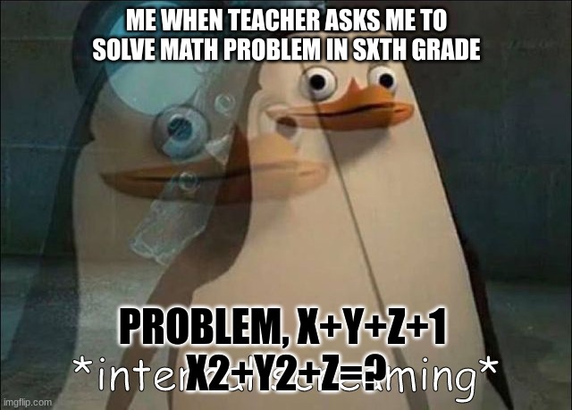 Private Internal Screaming | ME WHEN TEACHER ASKS ME TO SOLVE MATH PROBLEM IN SXTH GRADE; PROBLEM, X+Y+Z+1 
X2+Y2+Z=? | image tagged in private internal screaming | made w/ Imgflip meme maker