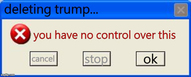 Windows xp error | deleting trump... cancel you have no control over this stop ok | image tagged in windows xp error | made w/ Imgflip meme maker