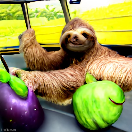 AI prompt: eggplant driving a school bus full of sloths | made w/ Imgflip meme maker