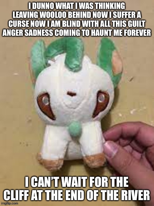 I DUNNO WHAT I WAS THINKING LEAVING WOOLOO BEHIND NOW I SUFFER A CURSE NOW I AM BLIND WITH ALL THIS GUILT ANGER SADNESS COMING TO HAUNT ME FOREVER; I CAN’T WAIT FOR THE CLIFF AT THE END OF THE RIVER | made w/ Imgflip meme maker