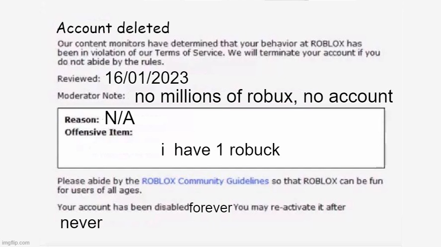 is this moderator an 8 year old? | Account deleted; 16/01/2023; no millions of robux, no account; N/A; i  have 1 robuck; forever; never | image tagged in roblox ban 2023,roblox | made w/ Imgflip meme maker
