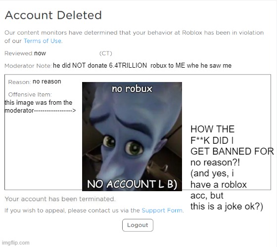 man, 8-year-old mods are surely increasin in numbers | now; he did NOT donate 6.4TRILLION  robux to ME whe he saw me; no reason; this image was from the moderator------------------>; HOW THE F**K DID I GET BANNED FOR no reason?! (and yes, i have a roblox acc, but this is a joke ok?) | image tagged in banned from roblox 2021 edition | made w/ Imgflip meme maker