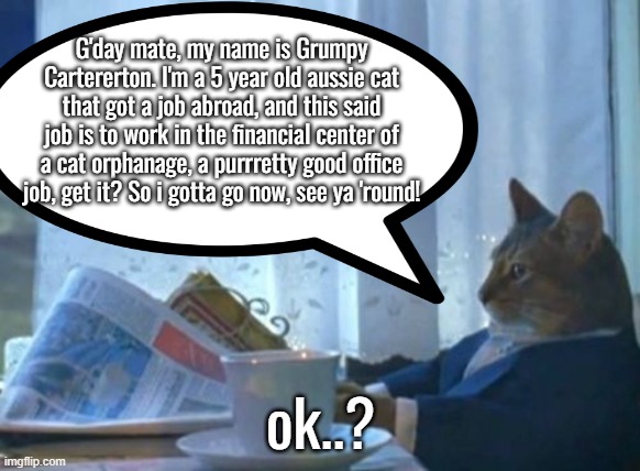 so last month, i went for a 2 day trip at zootropia,i went to a cafè on the second day before leaving and encountrterd THIS.... | G'day mate, my name is Grumpy Cartererton. I'm a 5 year old aussie cat that got a job abroad, and this said job is to work in the financial center of a cat orphanage, a purrretty good office job, get it? So i gotta go now, see ya 'round! ok..? | image tagged in cat,australians,aussie cats | made w/ Imgflip meme maker