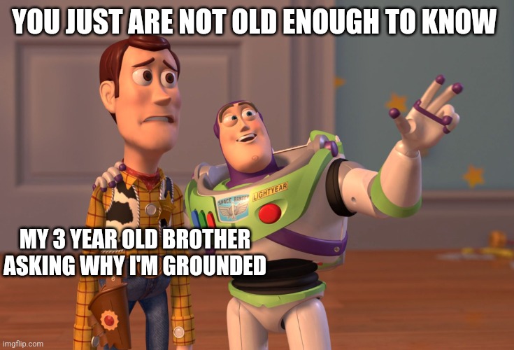 X, X Everywhere | YOU JUST ARE NOT OLD ENOUGH TO KNOW; MY 3 YEAR OLD BROTHER ASKING WHY I'M GROUNDED | image tagged in memes,x x everywhere | made w/ Imgflip meme maker