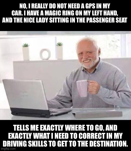 Driving while married | NO, I REALLY DO NOT NEED A GPS IN MY CAR. I HAVE A MAGIC RING ON MY LEFT HAND, AND THE NICE LADY SITTING IN THE PASSENGER SEAT; TELLS ME EXACTLY WHERE TO GO, AND EXACTLY WHAT I NEED TO CORRECT IN MY DRIVING SKILLS TO GET TO THE DESTINATION. | image tagged in harold | made w/ Imgflip meme maker