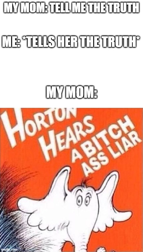 MY MOM: TELL ME THE TRUTH; ME: *TELLS HER THE TRUTH*; MY MOM: | image tagged in blank white template,horton heres a bitch ass liar | made w/ Imgflip meme maker