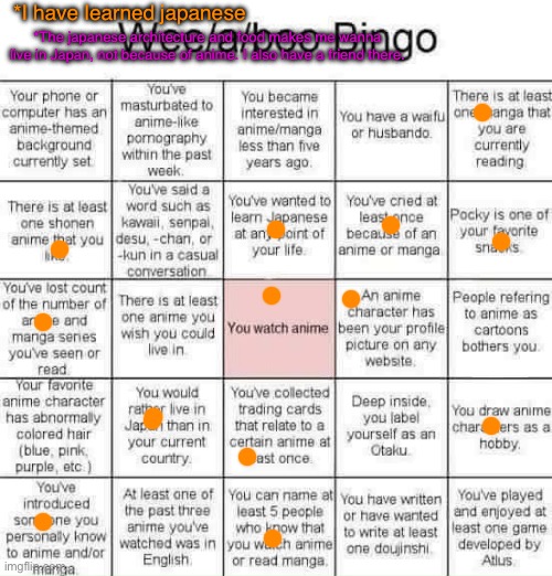 Weeaboo Bingo | *I have learned japanese; *The japanese architecture and food makes me wanna live in Japan, not because of anime. I also have a friend there. | image tagged in weeaboo bingo | made w/ Imgflip meme maker
