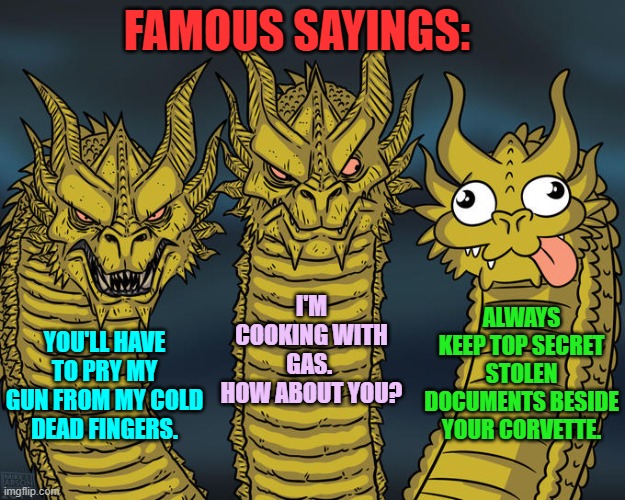 Something for everyone.  Sort of like a participation trophy, yes? | FAMOUS SAYINGS:; I'M COOKING WITH GAS.  HOW ABOUT YOU? ALWAYS KEEP TOP SECRET STOLEN DOCUMENTS BESIDE YOUR CORVETTE. YOU'LL HAVE TO PRY MY GUN FROM MY COLD DEAD FINGERS. | image tagged in three-headed dragon | made w/ Imgflip meme maker