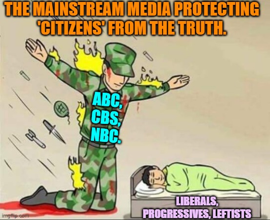 Dear leftists, this is NOT what the Fourth Estate is supposed to be doing. | THE MAINSTREAM MEDIA PROTECTING 'CITIZENS' FROM THE TRUTH. ABC, CBS,
 NBC. LIBERALS, PROGRESSIVES, LEFTISTS | image tagged in soldier protecting sleeping child | made w/ Imgflip meme maker