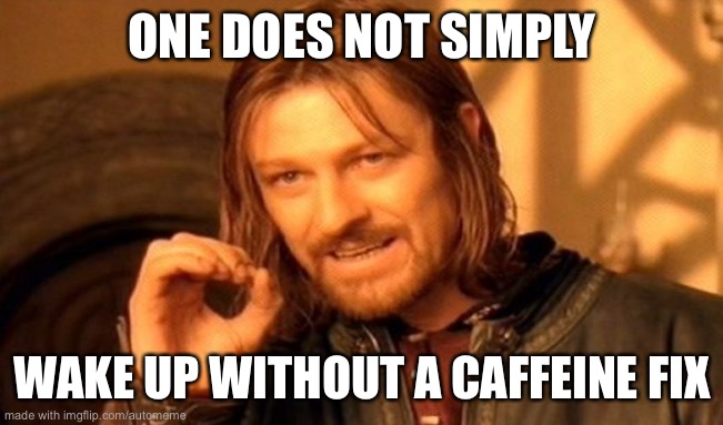 one does not simply wake up without a caffeine fux | ONE DOES NOT SIMPLY; WAKE UP WITHOUT A CAFFEINE FIX | image tagged in memes,one does not simply,caffeine,mornings,coffee,tea | made w/ Imgflip meme maker
