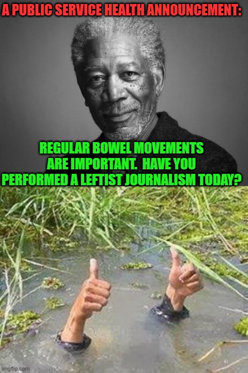 Just saying . . . . | A PUBLIC SERVICE HEALTH ANNOUNCEMENT:; REGULAR BOWEL MOVEMENTS ARE IMPORTANT.  HAVE YOU PERFORMED A LEFTIST JOURNALISM TODAY? | image tagged in morgan freeman | made w/ Imgflip meme maker