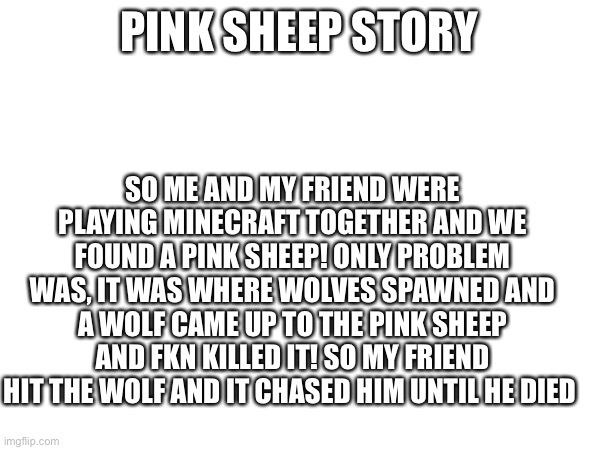 Very very sad pink sheep story | PINK SHEEP STORY; SO ME AND MY FRIEND WERE PLAYING MINECRAFT TOGETHER AND WE FOUND A PINK SHEEP! ONLY PROBLEM WAS, IT WAS WHERE WOLVES SPAWNED AND A WOLF CAME UP TO THE PINK SHEEP AND FKN KILLED IT! SO MY FRIEND HIT THE WOLF AND IT CHASED HIM UNTIL HE DIED | image tagged in memes,blank white template,minecraft | made w/ Imgflip meme maker