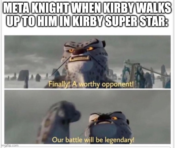 No title lol | META KNIGHT WHEN KIRBY WALKS UP TO HIM IN KIRBY SUPER STAR: | image tagged in finally a worthy opponent,kirby | made w/ Imgflip meme maker