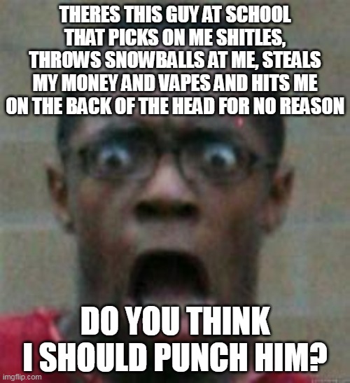 surprised | THERES THIS GUY AT SCHOOL THAT PICKS ON ME SHITLES, THROWS SNOWBALLS AT ME, STEALS MY MONEY AND VAPES AND HITS ME ON THE BACK OF THE HEAD FOR NO REASON; DO YOU THINK I SHOULD PUNCH HIM? | image tagged in surprise | made w/ Imgflip meme maker