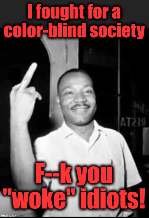 Remembering what Dr. Martin Luther King Jr. fought and died for | I fought for a
color-blind society; F--k you "woke" idiots! | image tagged in mlk martin luther king jr mlk middle finger the bird,memes,woke,democrats,mlk day | made w/ Imgflip meme maker