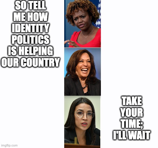 Hiring for Characteristics Instead of Competency | SO TELL ME HOW IDENTITY POLITICS IS HELPING OUR COUNTRY; TAKE YOUR TIME; I'LL WAIT | image tagged in identity politics,female,minority,women | made w/ Imgflip meme maker