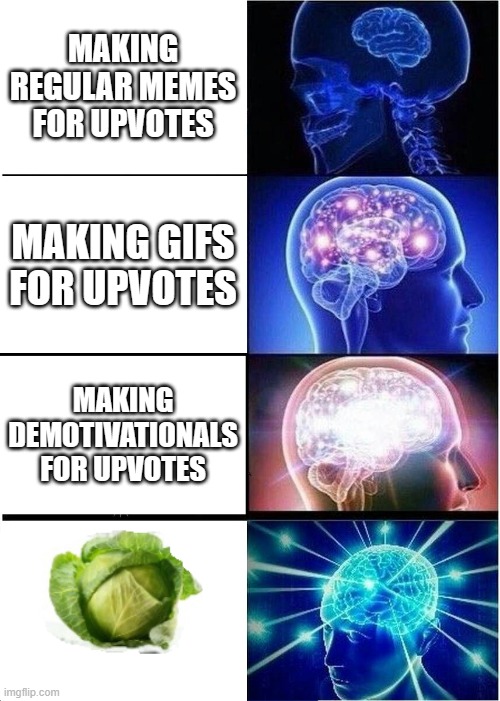 Lettuce | MAKING REGULAR MEMES FOR UPVOTES; MAKING GIFS FOR UPVOTES; MAKING DEMOTIVATIONALS FOR UPVOTES | image tagged in memes,expanding brain,lettuce,vegetables | made w/ Imgflip meme maker