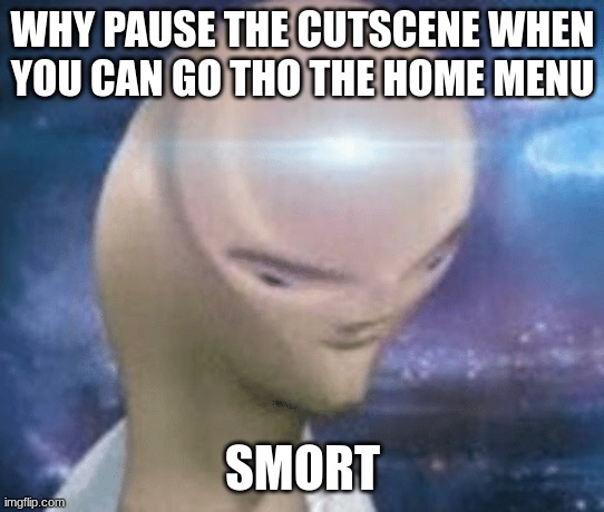 SMORT | WHY PAUSE THE CUTSCENE WHEN YOU CAN GO THO THE HOME MENU SMORT | image tagged in smort | made w/ Imgflip meme maker
