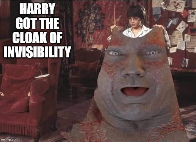 I'm Invisible | HARRY GOT THE CLOAK OF INVISIBILITY | image tagged in drax | made w/ Imgflip meme maker