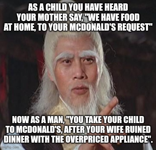 Wise Kung Fu Master | AS A CHILD YOU HAVE HEARD YOUR MOTHER SAY, "WE HAVE FOOD AT HOME, TO YOUR MCDONALD'S REQUEST"; NOW AS A MAN, "YOU TAKE YOUR CHILD TO MCDONALD'S, AFTER YOUR WIFE RUINED DINNER WITH THE OVERPRICED APPLIANCE". | image tagged in wise kung fu master | made w/ Imgflip meme maker