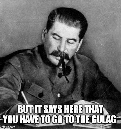 Stalin diary | BUT IT SAYS HERE THAT YOU HAVE TO GO TO THE GULAG | image tagged in stalin,stalin diary,joseph stalin | made w/ Imgflip meme maker